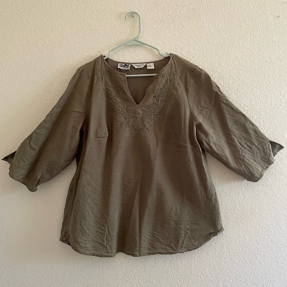 Richard Malcom Olive Green Irish Linen Embroidered Women's Top- 1X